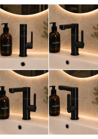 Modern Silva Lavabo Bataryası Siyah 360 Derece Döner Borulu Lavabo Musluğu Çift Su Girişli Batarya