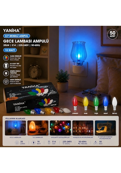 50 Adet Mix Renkli Gece Lambası Ampul E14 - 10w C7 Bx40
