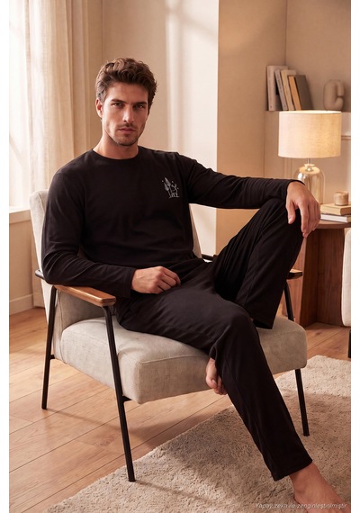 Buratti Yumuşak Dokulu Minimal Nakışlı Uzun Kollu Pijama Takımı Erkek Pijama Takımı 6575009 Siyah