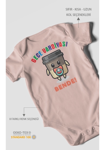 Gece Vardiyası Bende Baskılı Bebek Zıbını Çıtçıtlı Body %100 Pamuk Kısa Kol Pastel Pembe