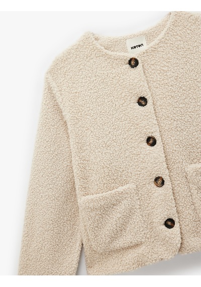 Koton Düğmeli Cepli Uzun Kollu Yuvarlak Yaka Crop Peluş Bomber Ceket Bej 6wak20260ew Ekru
