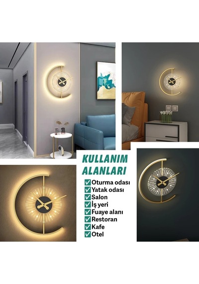 Upway 3 Renk Led Aydınlatmalı 35 Cm Modern Dekoratif Duvar Saati Sessiz Çalışma Altın
