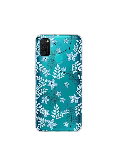 Samsung Galaxy Uyumlu M21 Kapak Floral Mavi Tasarımlı Şeffaf Silikon Kılıf