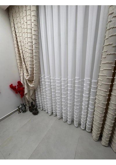 Nivemeshome Duru 1-0095 Yarı Desenli 1/3 Pileli Tül Perde Apm Ekru