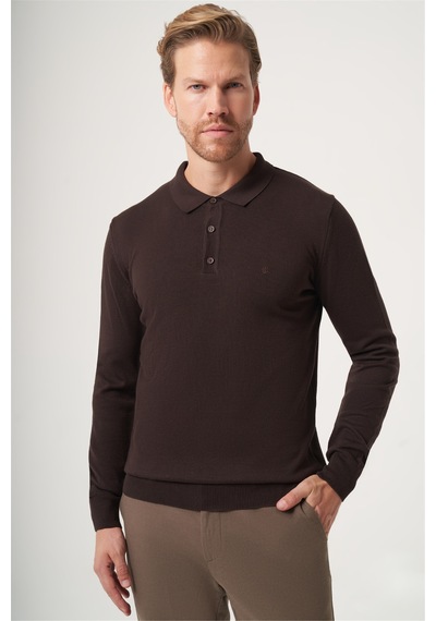 İmza Polo Yaka Uzun Kol Örme Comfort Fit Pamuklu Kazak 1012265007 Kahverengi