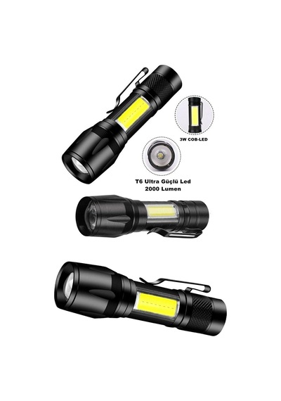 Ultra Çift Yönlü Güçlü Pilli Led El Feneri 2000 Lümen + 6w Cob Led Su Geçirmez Zoomlu 3 Modlu Standart