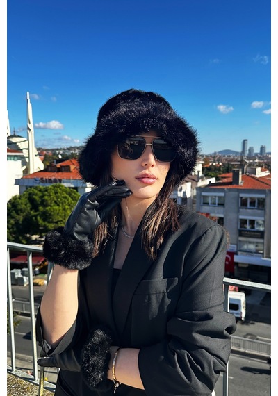 Mollycrush Kadın Siyah Kürk Bucket Şapka Ve Eldiven Trend Kışlık Set Siyah