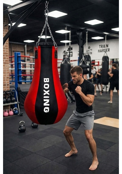 Spor Byfit Salon Tipi Özel Tasarım Armut Modelli Boks Torbası Kırmızı - Siyah