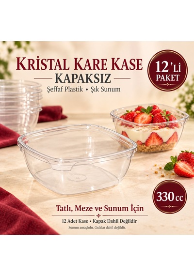 Kristal Kare Kase 330 Cc 12 Li Şeffaf Plastik, Şık Sunumlar İçin İdeal Servis Kabı 64150513