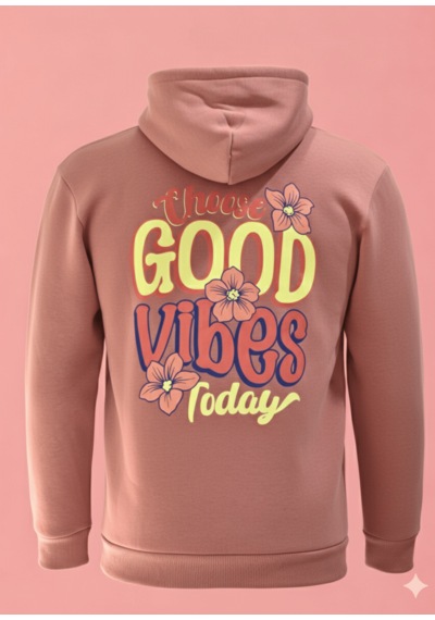 Feydi Unisex İçi Polarlı Kapüşonlu Sweatshirt Good Vibes Baskılı Gülkurusu