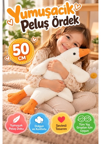Beyaz Peluş Ördek 50 Cm Yumuşak Welsoft Kumaşlı Sevimli Oyuncak Sarılmalık Uzun Ördek Çocuklar İçin