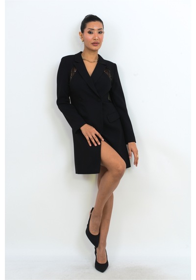 Dorne Moda Özel Koleksiyon Sırt Dantel Detaylı Blazer Mini Elbise - Düğün - Mezuniyet - Ofis Şıklığı Siyah Siyah