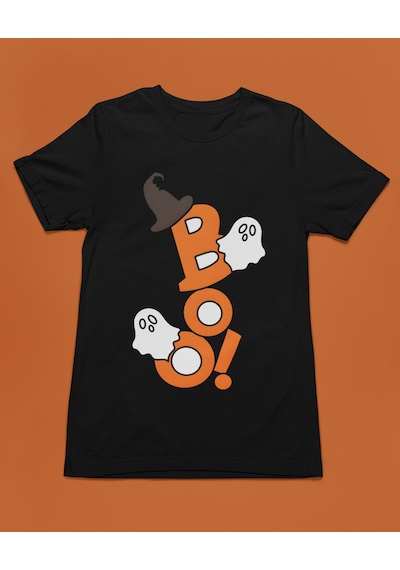 Bumeta Cadılar Bayramına Özel Boo Halloween Unisex Tişört T-shirt Siyah