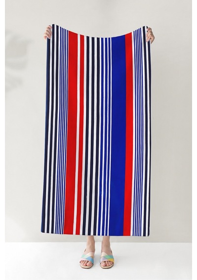 Çizgili Marine Çift Taraflı Plaj Havlusu - Modern Lacivert Kırmızı Hızlı Kuruyan Mikrofiber Havlu Çok Renkli