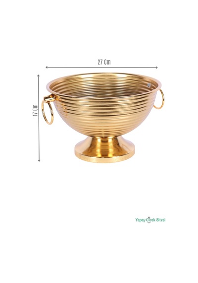Yapay Çiçek Sitesi Metal Çizgili Küpeli Vazo 17 Cm Altın