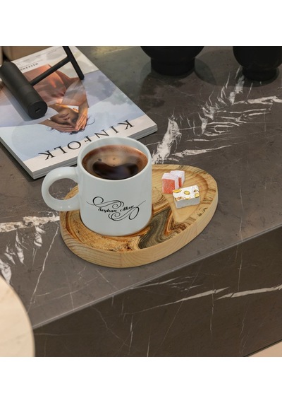 Kişiye Özel Mermer Tasarımlı Doğal Ahşap Tabaklı Türk Kahvesi Fincanı Sunum Seti Model 16
