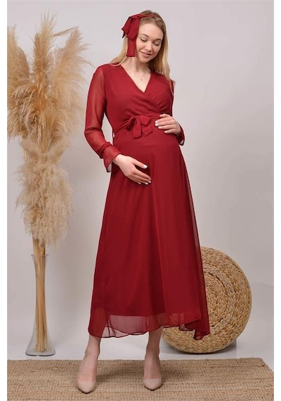 Dip Moda Kadın Beyaz Baby Shower Şifon Hamile Elbise Dphml003 Bordo