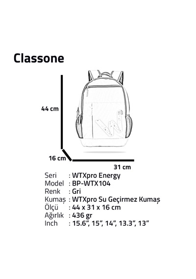 Classone Wtxpro Energy Serisi Bp-wtx104 Okul Çantası Gri