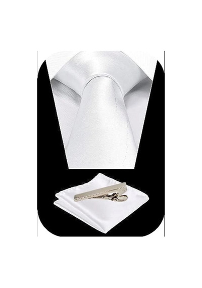 Tezzgelsin Erkek Saten Kravat Mendil Ve Silver Çelik Kravat İğne Set Beyaz