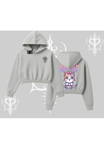 Startmore Adorable Kawaii Kedi Arka Baskılı Kapşonlu Crop Sweatshirt Gri