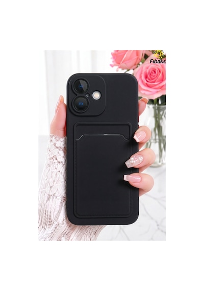 Fibaks iPhone 16 Plus Uyumlu Kılıf Kamera Korumalı Arkası Kartlıklı Cüzdanlı Kırmızı Tuşlu Siyah Silikon