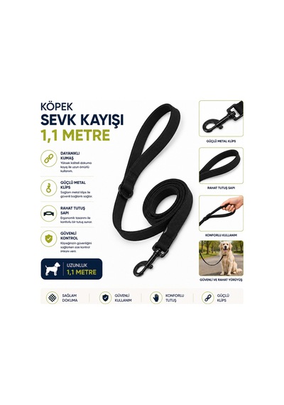 Köpek Sevk Kayışı 1,1 Metre Siyah Dokuma Pedli Tutuş Sapı Metal Klips Çok Renkli