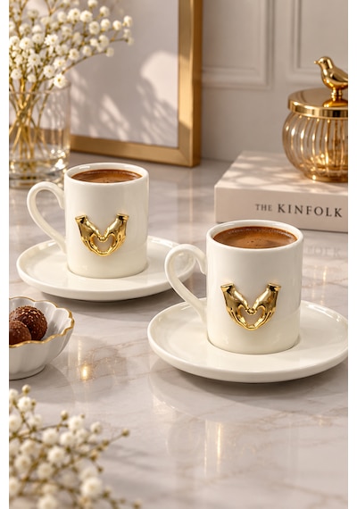 2 Kişilik Beyaz Porselen Gold Metal Kalp Figürlü Kahve Fincan Takımı Seti 100ml