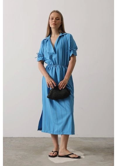 Defymoda Beli Lastikli Elbise - Mavi Mavi