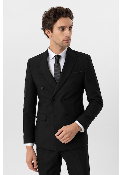 Süvari Siyah Slim Fit Armürlü Sivri Yaka 6 Drop Klasik Takım Elbise-35522 Siyah