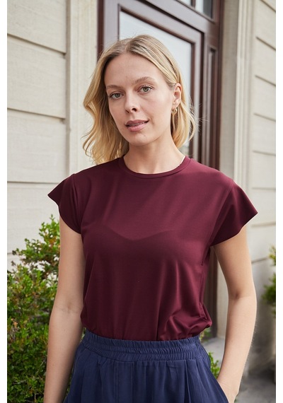Jument Kadın İpeksi Kumaş Geniş Sıfır Yaka Kısa Kol Tshirt Bluz-bordo