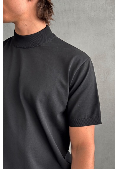 Erkek Oversize Yarım Balıkçı Triko T-shirt Siyah