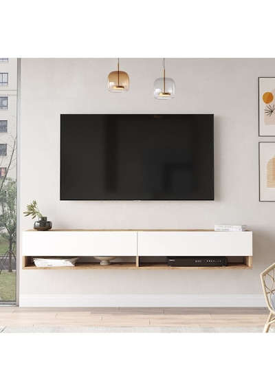 Aven Tv Ünitesi Tv Sehpası Kapaklı Raflı 180cm Çam-beyaz Ave9-aw Beyaz