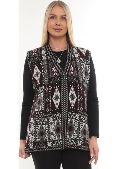 İksun Kadın Etnik Model Triko Örgü Kilim Cepli Kışlık Kalın Anne Yelek Gri