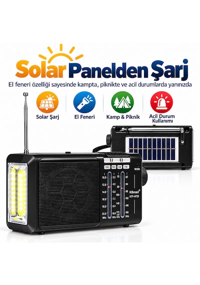 Ultratekno Ktf-1472s Solar Panelli 4 Band Şarjlı Radyo Fm Am Sw1 Sw2 El Fenerli