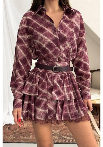 Neşeli Butik Kadın Bordo Gömlek Yaka Kat Kat Ekose Desen Mini Elbise Nbnp025 Bordo