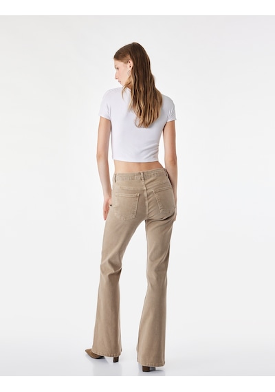 Koton Pamuklu Dar Kesim Yüksek Bel Cepli Düğmeli İspanyol Paça Pantolon - Flare Jeans Kahverengi 7wal40005mw Kahve