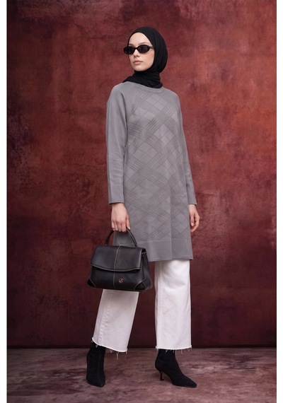 Armine Trend Geometrik Desenli Bisiklet Yaka Uzun Kollu Rahat Kesim Tunik Gri 26ktd411