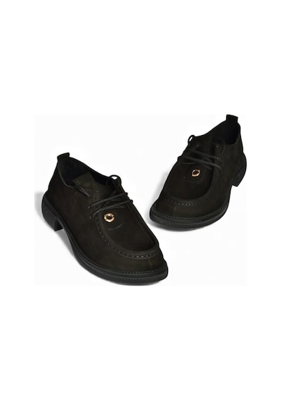 Fox Shoes V944085601 Siyah Hakiki Deri Nubuk Bağcıklı Günlük Kadın Ayakkabı Siyah