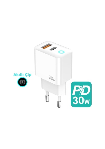 Blue Moon Pd 30watt Hızlı Şarj Aleti, A + C Girişli, Beyaz
