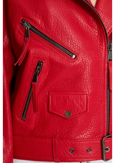 M M Marki Marki Kadın Hakiki Jumbo Deri Ceket Biker Tarz, Kemerli, Oversize, Apoletli, 65 Cm, Kırmızı - 116622x