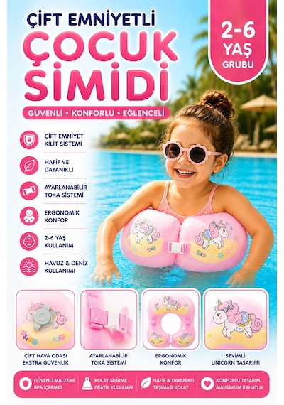 Toyflyer Unicorn Çocuk Yüzme Simidi Çift Tokalı Ayarlanabilir Pembe 2-6 Yaş Ar008