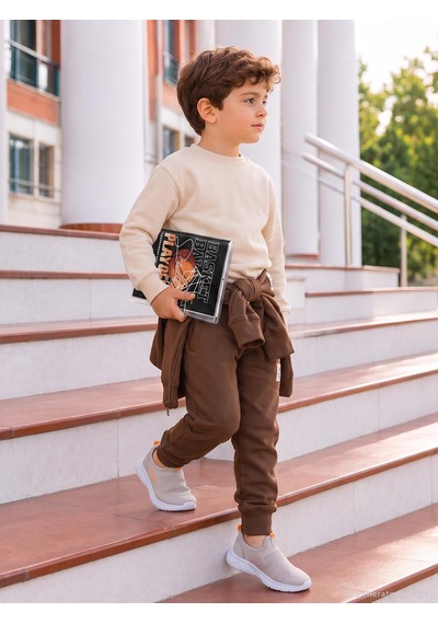 Civil Boys Civil Erkek Çocuk Basic Sweatshirt Fırçalı 2 İp Uzun Kol Okul Kreş Ve Günlük Kullanım - Bej Taş Rengi