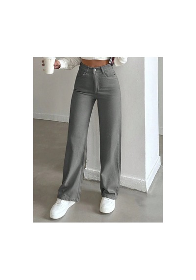 Kene Jeans Yüksek Bel Gri Keten Bol Paça Tam Kalıp Pantolon Gri