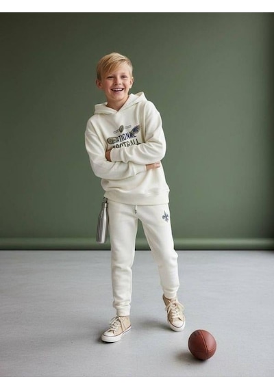 Zekids Erkek Çocuk Sırt Baskılı Football League Yazılı Kapüşonlu Sweatshirt-16639 Ekru