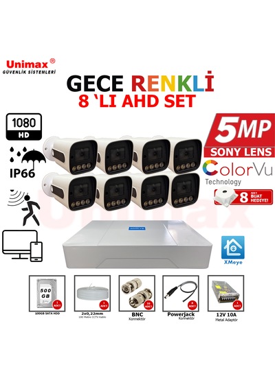 Unımax 5mp Sony Lens 8 Kameralı Güvenlik Seti 100m Kablo 30m Gece Görüş Xmeye Warmled