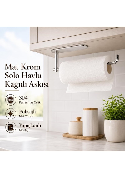 Premium Mat Krom Solo Havlu Askısı, Yapışkanlı Dolap Altı Kağıt Havluluk, Paslanmaz Çelik Mutfak Havlu Ve Kağ Diğer