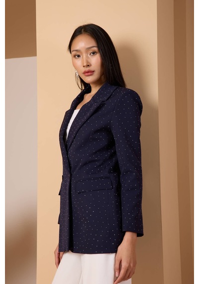 Lacivert Regular Dokuma Astarlı Taş Detaylı Blazer Ceket Lacivert