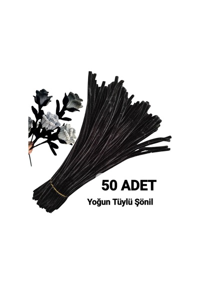 50 Adet Siyah Şönil, Çiçek Yapımına Uygun Tüylü Tel, 30 Cm 6 Mm