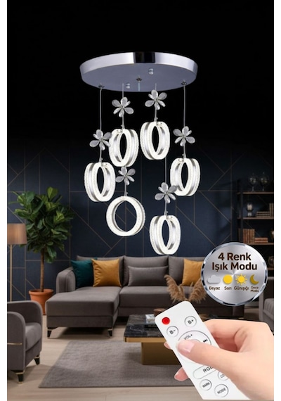 Aurea Model 6'lı Gümüş Kumandalı 3 Renk Modu Ledli Kristal Taşlı Modern Salon Mutfak Oturma Odası Led Avize