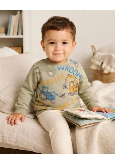Tuffy Bej Erkek Bebek Açık Yeşil Renkli Dozer Baskılı Sweatshirt